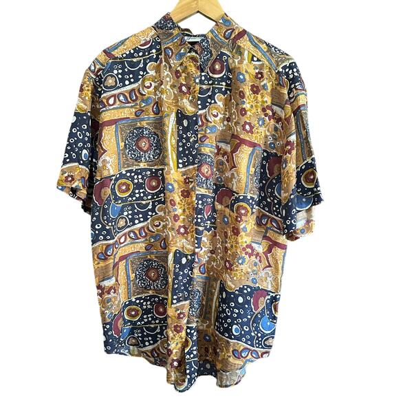 Jane Ashley Tops - JANE ASHLEY | Blue and Tan 90s Vintage Silk Oversized Printed Blouse | Medium